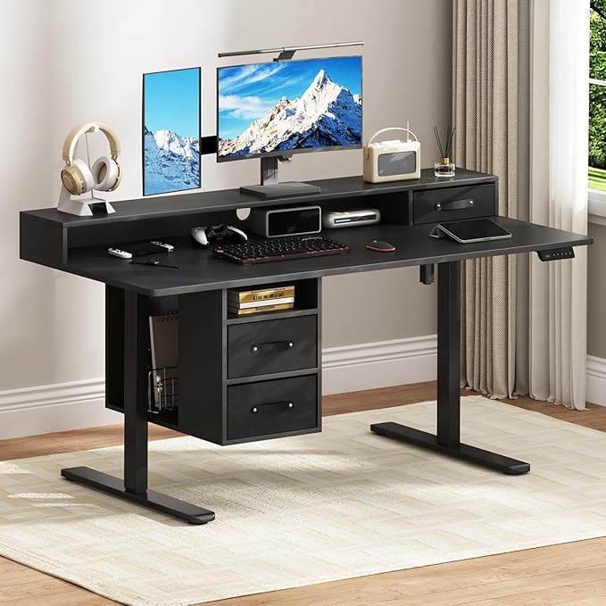 63x24 Inches Standing Desk with Drawers Electric Computer Desk with Open Storage Shelf Stand Up Desk Adjustable Height 28-46 Inches for Home and Computer Workstation Black