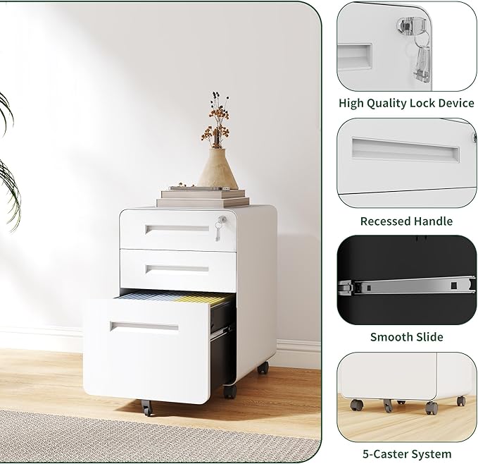 3-Drawer Mobile File Cabinet - All-Steel Wide with Lock Fully Assembled Metal Storage Cabinet on Casters 110lbs/Drawer Capacity for Home Office Organization (White)