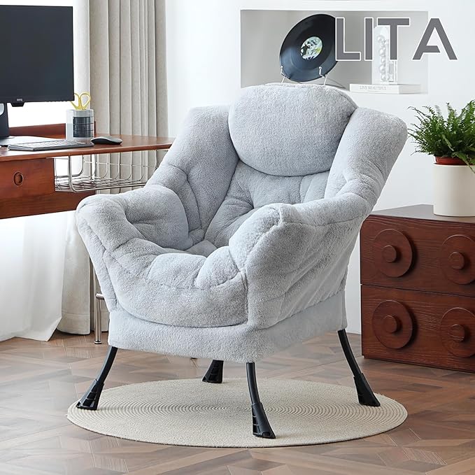 LITA Lazy Chair with Armrests and Side Pocket Modern Upholstered Accent Reading Chair for Living Room Bedroom Dorm Small Spaces Single Plush Grey