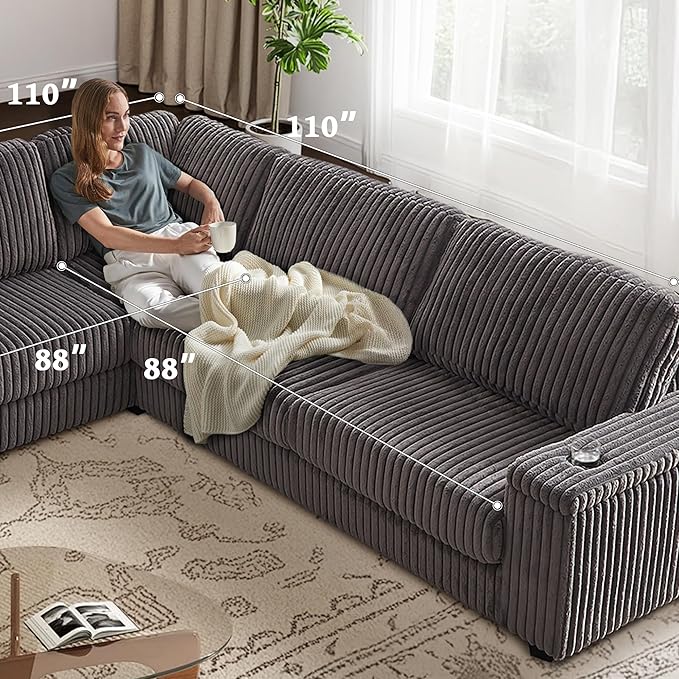 110 Oversized L-Shaped Sectional Sofa Plush Corduroy Deep Seat Couch Large V Shaped Corner Couch with Storage USB Charging Cup Holder Modern Upholstered Sectional for Living Room (Grey)