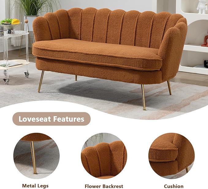 Anwick 59 Small Modern Chenille Loveseat Sofa 2-Seater Sofa with Gold Metal Legs Small Couch with Flower Shaped Back for Living Room Bedroom Office (Caramel)