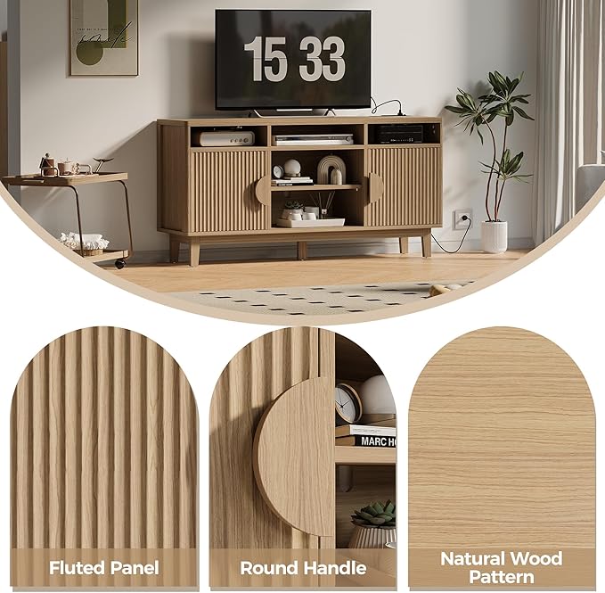 IRONCK TV Stand for 65 Inch TV 59 Inch Entertainment Center with Storage and Charging Station Modern Media Console with 3 Adjustable Shelf Fluted Doors Design Natural Oak