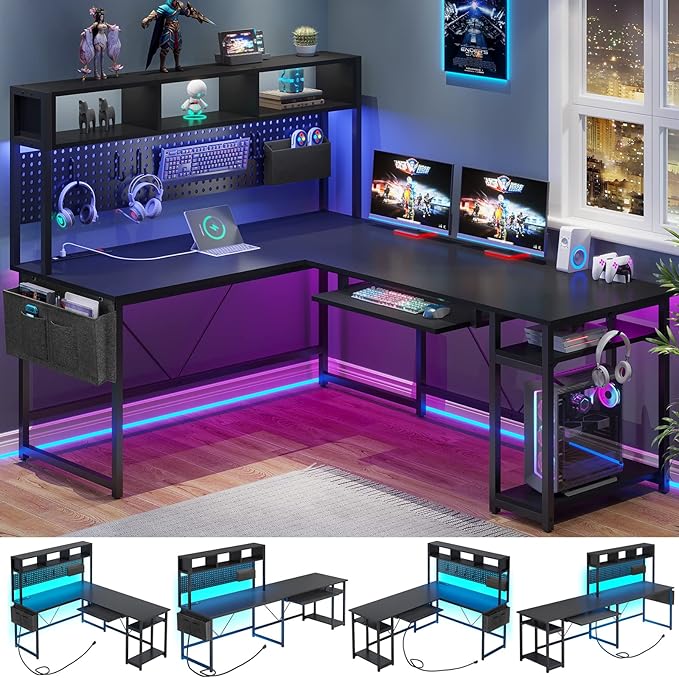 SEDETA L Shaped Gaming Desk Reversible Computer Desk with Power Outlet and Pegboard Gaming Desk with Led Lights Keyboard Tray and Storage Bag for Home Office Black