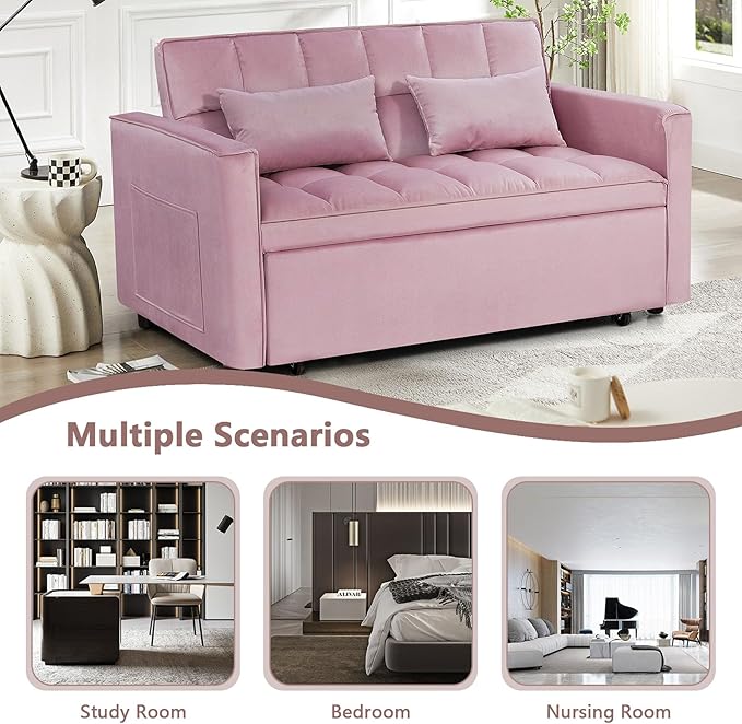54 Convertible Sofa Bed Velvet Sleeper Sofa with Pull-Out Bed 3-in-1 Futon Couch with Reclining Backrest and Side Pocket Modern Loveseat for Living Room (Pink)