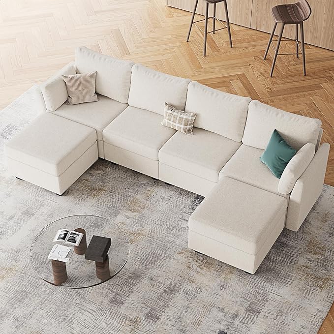 114.17 Modular Sectional Sofa 6 Seat Sectional Couches with Storage Memory Foam Convertible Modular Couch for Living Room U Shaped Comfy Modular Sofa with Chaise Beige