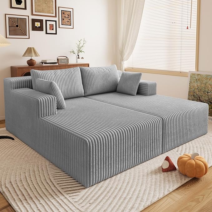 71Oversized Chaise Lounge ChairSectional Double Lounge Chaise with PillowsUpholstered Corduroy Boneless Lounge ChairFluffy Modern Loveseat Sleeper Sofa for Living Room &ampBedroom(Light Grey)