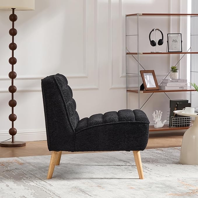 GDFStudio 24.4 Wide Modern Accent Chair Armless Upholstered Lounge Chair with Chenille Fabric &amp Rubber Wood Legs Compact Space-Saving Design for Living Room Bedroom Office - Black