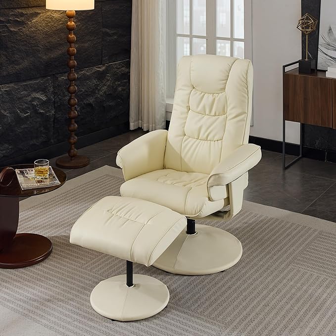 140° Adjustable PU Leather Recliner Chair with Ottoman 360° Swivel Massage Lounge Chair with 5-Point Vibration &amp Heated Seat for Living Room Home Theater or Office (Beige)