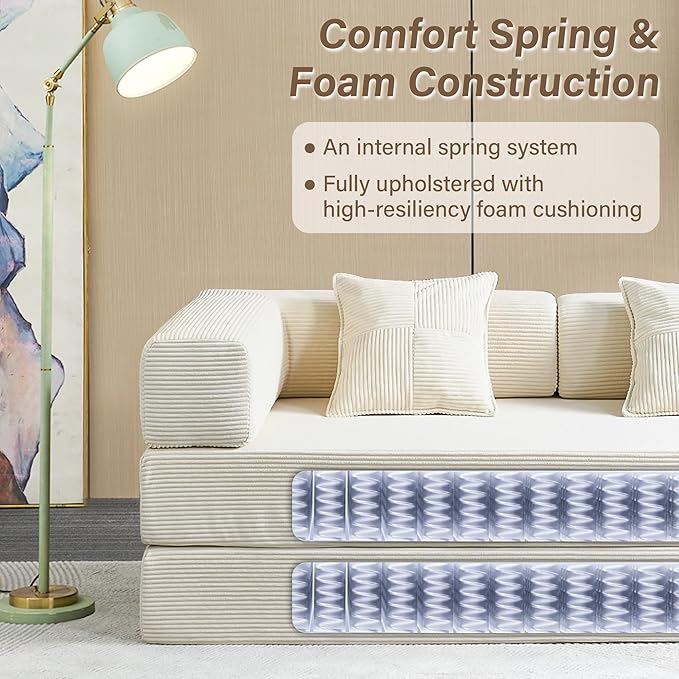 Compression Sofa - 78''Convertible Floor Sofa Bed - with Pillow Back Support Armrest - Comfy Foldable Sofa Bed Compressed Sofa in Box - Corduroy Fabric - for Living Room Bedroom - Ivory