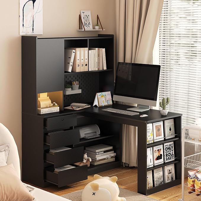 Farmhouse L Shaped Executive Desk with Hutch Wood Home Office Desk with Pegboard Bookshelf &amp Storage Shelves Corner Gaming Desk with LED Light Black