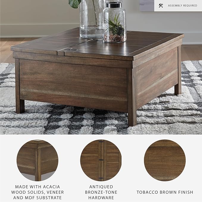 Signature Design by Ashley Moriville Rustic Hinged and Lift Top Cocktail Table with Hidden Storage Light Brown