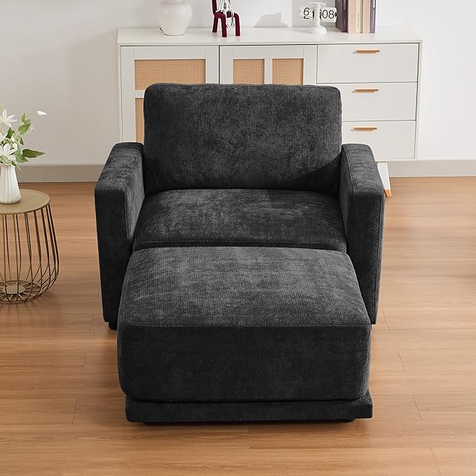 44.2 Oversized Sofa Chair with Ottoman Upholstered Accent Chair with Thick Cushions Single Sofa Lounge Chenille Comfy Reading Chair for Living Room Easy Assembly Black