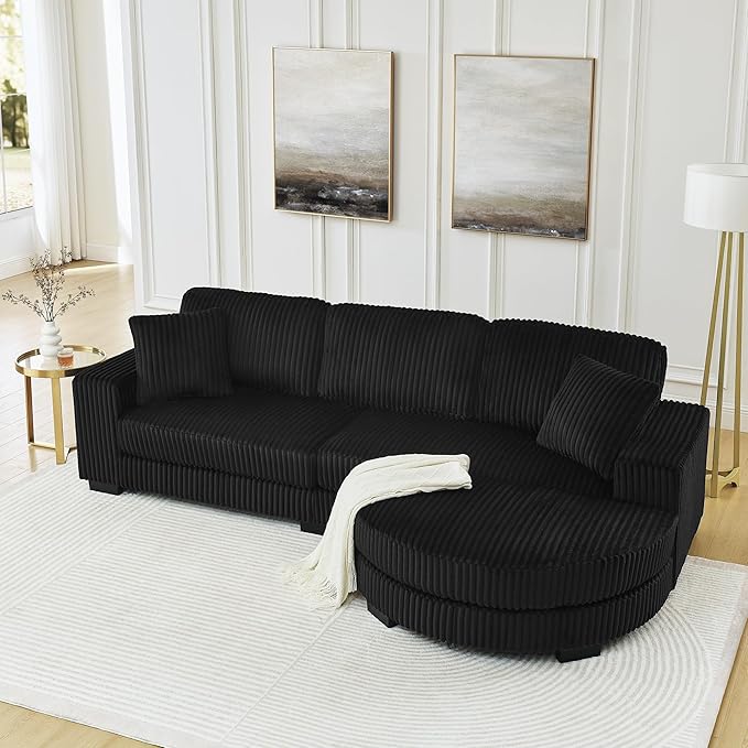 Curved Sectional Sofa with Removal Chaise Mid Centeury Modern Upholstered Corduroy Tufted Sleeper Bed L-Shaped Modular Convertible Sofa Black