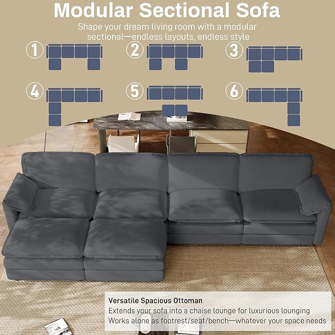 149.2 U Shaped Cloud Couch Sectional for Living Room Modern Modular Deep Seat Sofa with Movable Ottoman Comfy Fluffy Chenille Sectional Sofa Set Grey