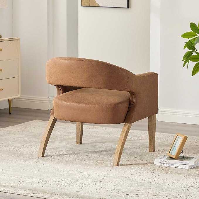 Modern Accent Chair Upholstered PU Leather Barrel Armchairs with Rubberwood Legs Comfy Lounge Arm Chair Hollow-Out Side Club Chair for Living Room Bedroom Office (Brown-Wide)
