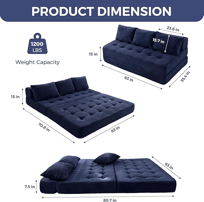 MAXYOYO Folding Sofa Couch Convertible Floor Sleeper Couch with 3 Pillows Tufted Floor Oversized Loveseat Couch Tufted Fold Out Chair Bed Comfy Sofa Lounge for Living Room Bedroom Navy