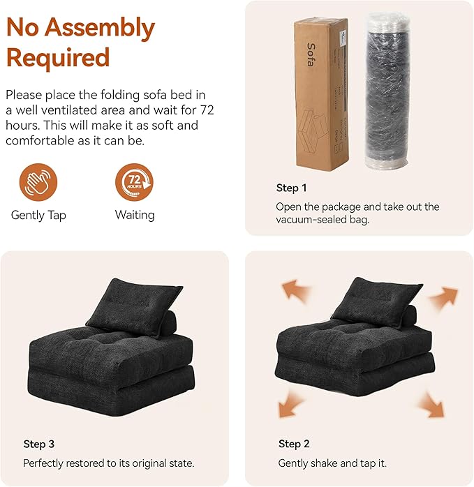 Folding Sofa Bed Fold Out Chair Bed with Pillow Convertible Sleeper Chair for Living Room/Small Spaces Foldable Lazy Sofa Bed Floor Chair Comfy Teddy Velvet Couch Bed Black