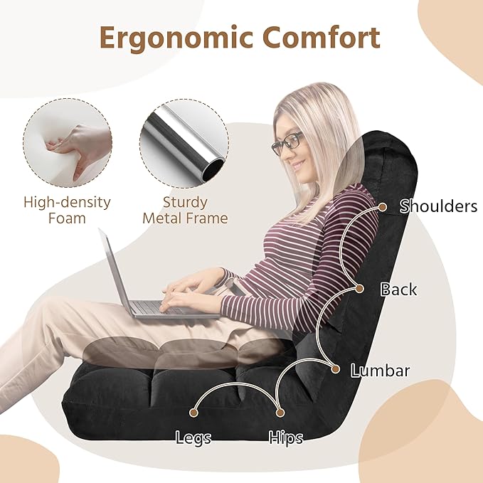 Topeakmart Living Room Floor Chair Folding Padded Lounge Chair with 14 Adjustable Position Meditation Chair Gaming Sofa with Backrest Lazy Sleeper Recliner for Living Room Bedroom Black 2pcs