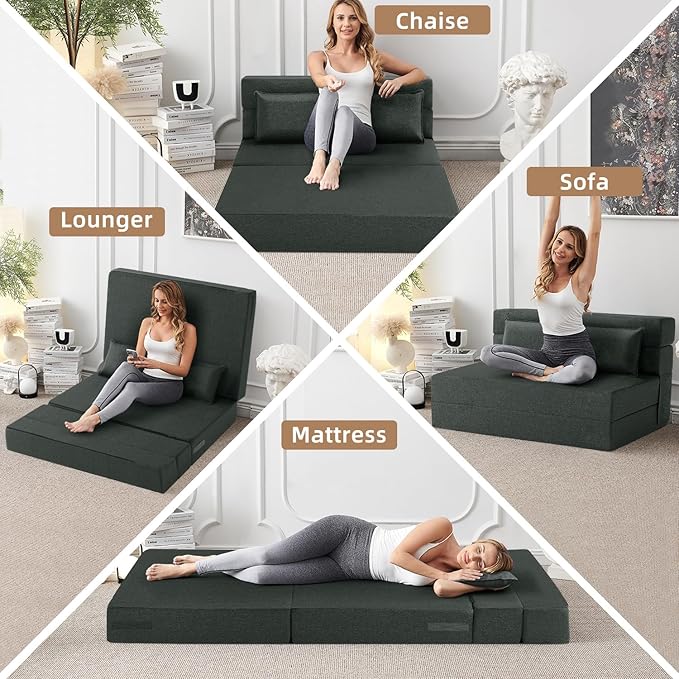 FILUXE Convertible Folding Sofa Bed - Sleeper Chair with Pillow Modern Linen Fabric Floor &amp Futon Couch Foldable Mattress for Living Room/Dorm/Guest Use/Home Office/Apartment Queen Size Dark G
