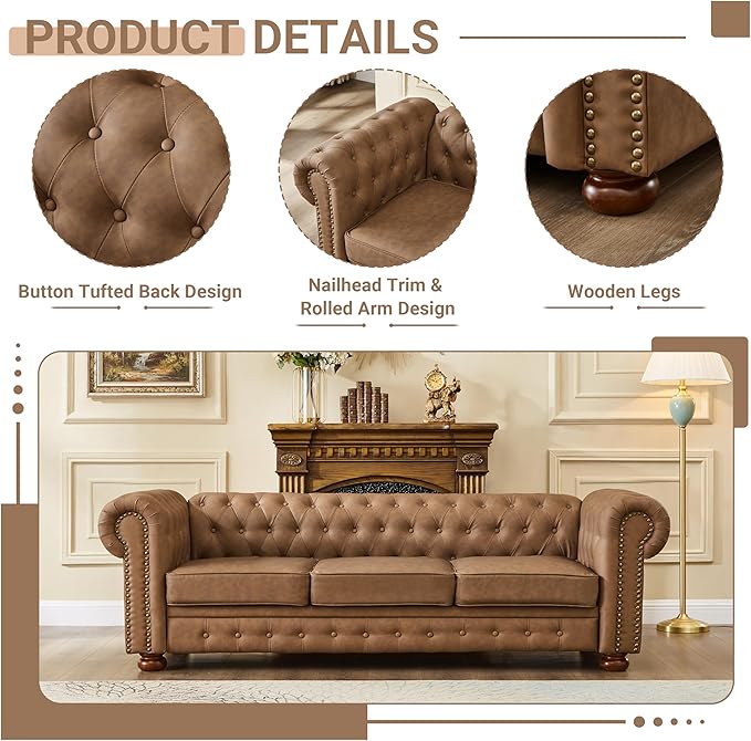 Chesterfield Leather Sofa 89 Mid Century Modern Couch with Low Back Roll Arm Nailhead Trim Classic 3 Seater Couch for Living Room Office Apartment Faux Leather Brown