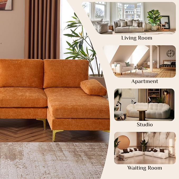 Karl home Convertible Sectional Sofa 110 U-Shape Sofa Couch 4-Seat Couch with Chaise ChenilleFabric Upholstered for Living Room Apartment Office Orange