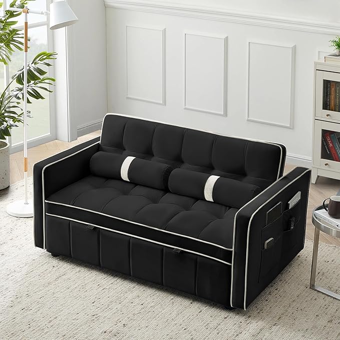 3-in-1 Convertible Sleeper Sofa Bed55.5 Modern Tufted Velvet Pull Out Couch BedFuton Small Love Seat Sofa with Adjustable Backrest&ampCylinder Pillows for Living RoomApartmentSmall Places(Black)