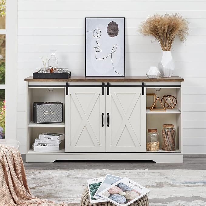 AMERLIFE Fireplace TV Stand with Sliding Barn Door for TVs up to 65 Farmhouse 59 Fireplace Entertainment Center with Storage Cabinets/Adjustable Shelves Distressed White &amp Barnwood
