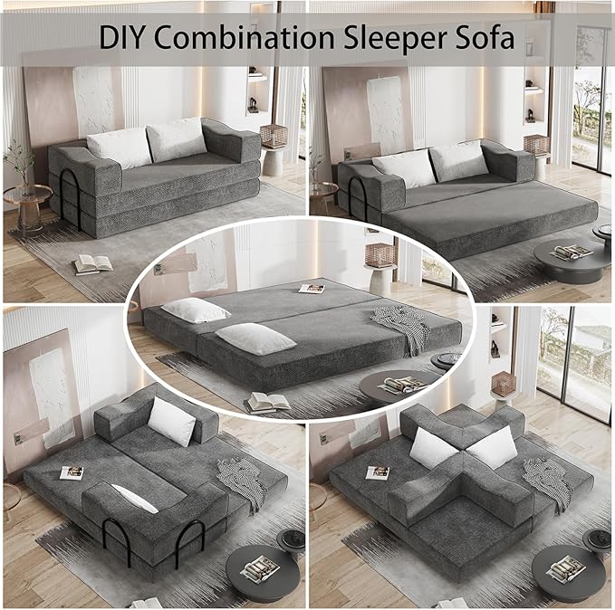 80 King Size Convertible Sofa Bed Sleeper Foldable Futon Couch with Memory Foam &amp 2 Pillows Chenille Fabric Modular Loveseat for Small Spaces Apartment Living Room Studio (Gray 80in)
