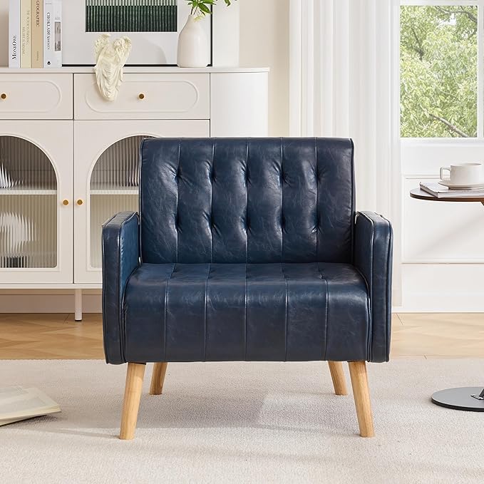 Leather Accent Chair Mid-Century Modern Tufted Living Room Chair with Wooden Legs and Pocket Cozy Office Reading Chair Comfy Reception Armchair for Living Room Waiting Room Bedroom