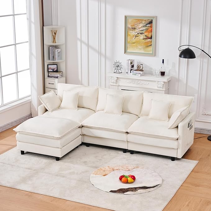 KEIKI 101.9 Modular Sectional Sofa with Movable Ottoman 3 Seat Modern Sofa Set L-Shape Sectional Couches for Living Room Apartment Beige