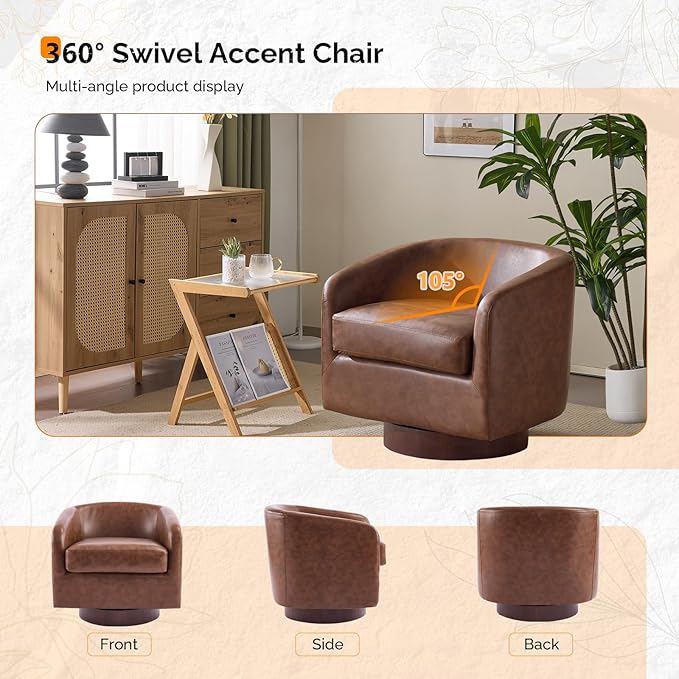 VINGLI 360°Swivel Accent Chairs Set of 2 with Engineered Wood Base and Removable Cushion for Living Room Bedroom Curved Back Barrel Chairs for Small Space Upholstered Bucket Armchairs Pu-Brown