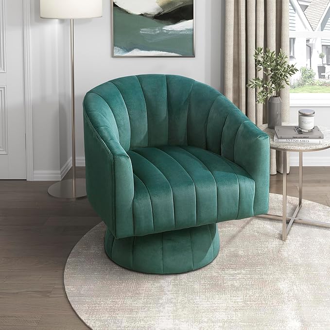 Lexicon Modern Swivel Accent Chair Velvet Fabric Upholstered Swivel Lounge Chair with Rounded Base and Channel Stitching for Living Room/Bedroom/Office Easy Assembly Dark Green