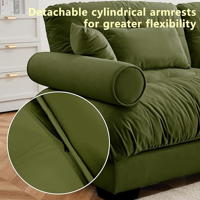 Oversized 3 Seater Modular Sectional Sofa Large Sectional Couch for Living Room Velvet Cloud Couch with 5 Pillows Deep Seat Sofa Olive Green