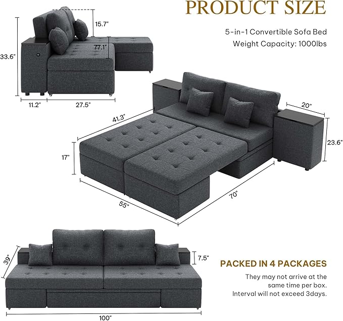 YITAHOME Queen Size Sleeper Sofa 5-in-1 Convertible Sofa Bed Couch with 2 Storage Cabinets and USB Ports 100 Sectioanl Sofa Couch with 2 Throw Pillow for Living Room Grey Linen Fabric