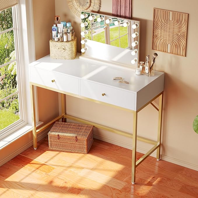 SUPERJARE 31.5 White and Gold Desk with 2 Drawers Modern Vanity Desk Small Makeup Table for Home Office Writing Study Bedroom