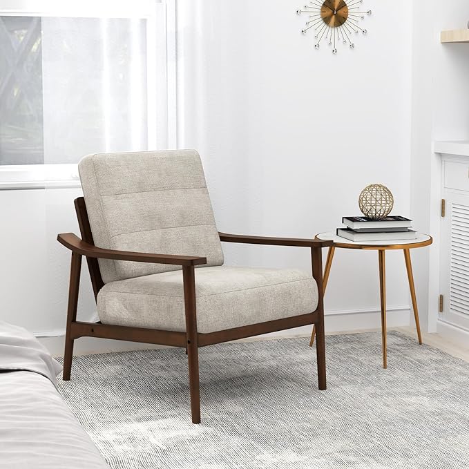 Giantex Mid Century Modern Accent Chair Max Load 440 LBS Upholstered Living Room Chair with Rubber Wood Armrests &amp Legs Removable Back Cushion Comfy Reading Arm Chair for Living Room Bedroom