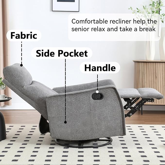 Heated Massage Recliner Chairs for Adults Swivel Rocking Chair Recliner with High Back Small Recliner Chair for Small Spaces Manual Lazy Boy Recliners for Living Room Pockets Fabric (Grey)
