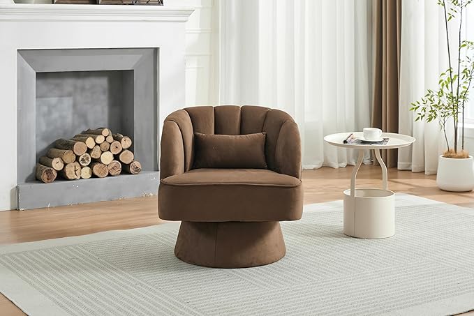 Swivel Barrel Chair - Velvet Upholstered Modern Armchair with Striped Backrest &amp Plush Padding Round Lounge Chair for Living Room Bedroom Small Spaces Brown - (1 Pcs)
