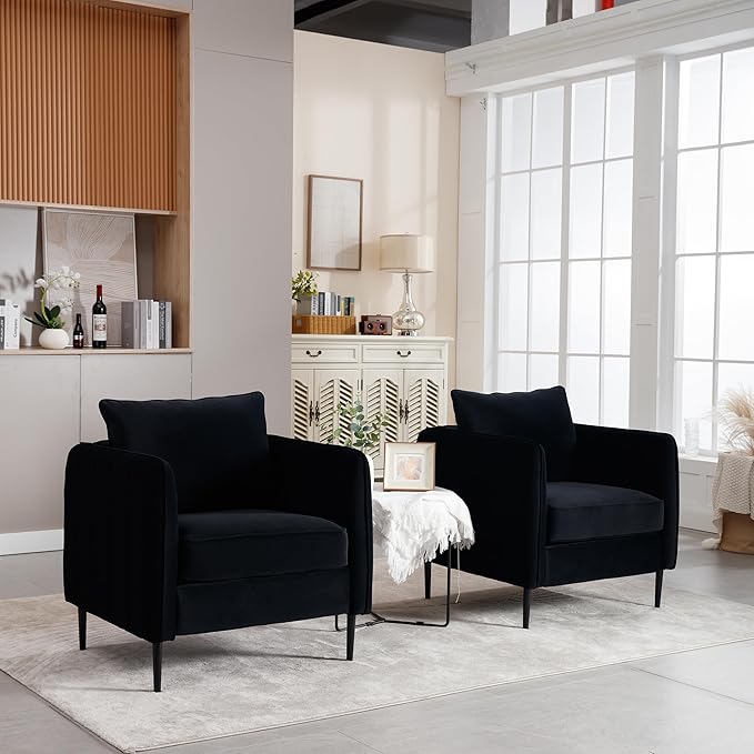 Modern Velvet Accent Chair Sets of 2 Upholstered Single Sofa Chairs Armchair with Square Arm Accent Chairs for Living Room Bedroom Apartment (Black Velvet Chairs * 2)