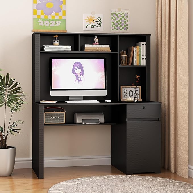 Computer Desk with Hutch BookshelfWood Executive Desk Teens Student Desk Writing Laptop Home Office Desk with Drawers3 AC Outlets and 2 USB Charging PortsStudy Laptop Table for Home(Black)