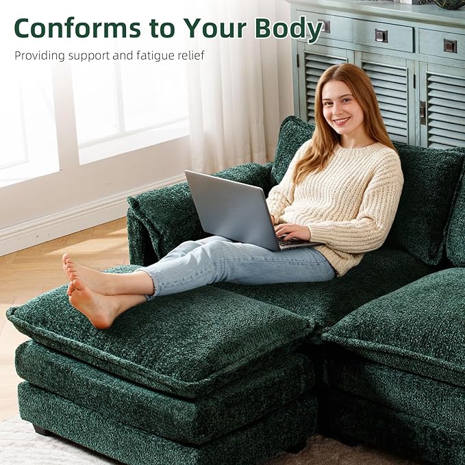 GNIXUU 112 Green Modular Cloud Couch Sofa Modern Chenille L Shaped Sectional Couches for Living Room Comfy Deep 4 Seater Sofa with Movable Ottoman &amp 3 Pillows