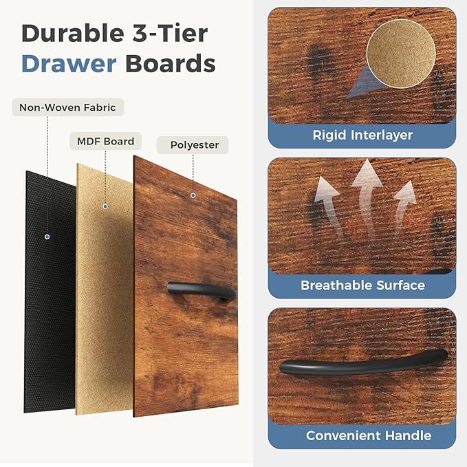 DUMOS 5-Drawer Chest of Drawers with Raised Shelf Storage Tower with Fabric Bins for Closet Organization Hallway Storage Brown