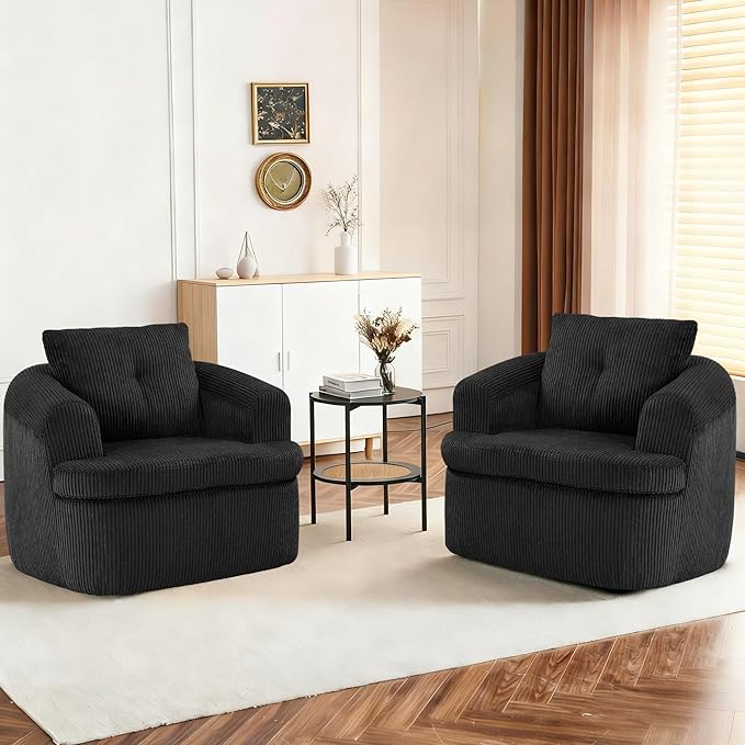 36.6 Swivel Accent Chairs Set of 2 360 Degree Oversized Swivel Barrel Chair for Living Room Modern Corduroy Upholstered Accent Armchair Comfy Boneless Sofa Chair for Bedroom Black
