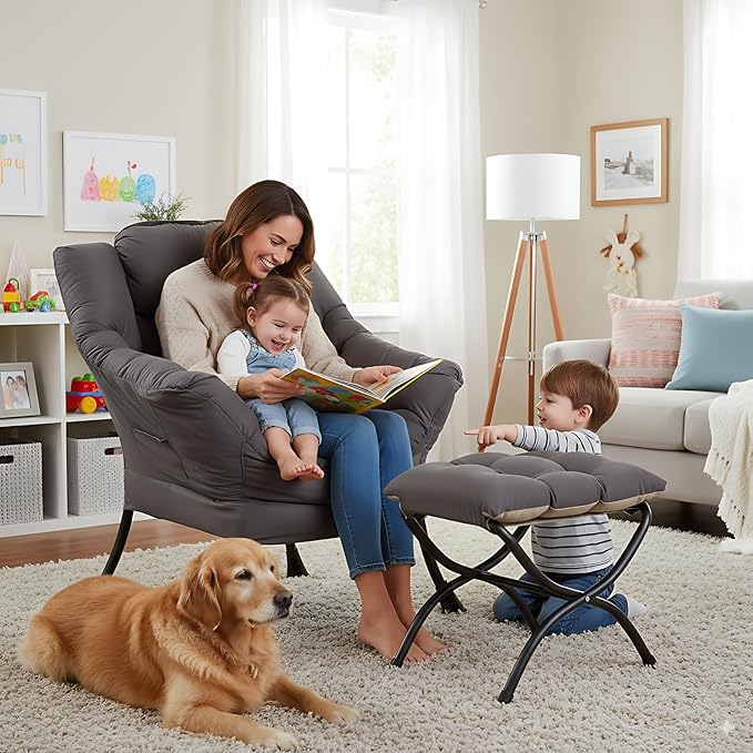 Lazy Chair with Ottoman Lounge Accent Arm Chair with Armrests Side Pocket and Footrest Leisure Upholstered Sofa Reading Chair with Footstool for Living Room Bedroom Dark Grey