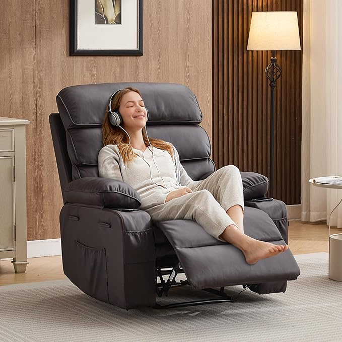 PU Leather Recliner Chair with Heat &amp 8-Point Massage Extra Wide Manual Recliner for Adults q235 Steel Frame Side Pockets 1.5X Comfort Arm &amp Back Lazy Boy Sofa for Living Room - Dark Brow
