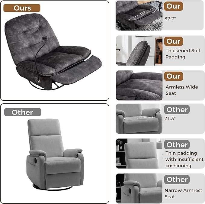 Swivel Rocker Recliner Chair for Adult Glider Nursery Rocking Chair Armless Single Recliner Sofa for Living Room Oversized &amp Overstuffed Phone Holder Included Black