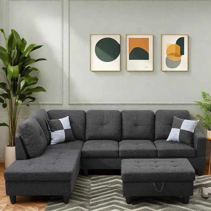 Sectional Couches for Living Room Furniture Sets 4 Seat U Shaped Sectional Couch with Storage Adjustable Couch with Armrests and Ottoman for Apartment Grey