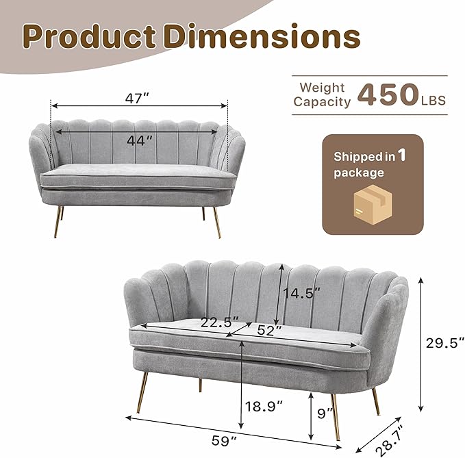 Mlmh &amp Kngwa Chenille Loveseat Sofa 59 2-Seater Couch Settee with Gold Metal Legs Comfy Upholstered Floral Small Sofa for Bedroom Living Room Apartment Light Gray