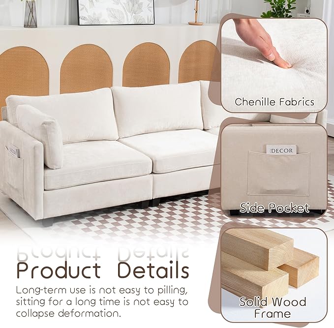 111 Sofas for Living Room 3 Seater Couch with 2 Pillows Modern Comfy Chenille Couches with Storage Bag Deep Seat Sofa for Apartment Small Space Beige