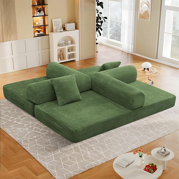 78 Convertible Sleeper Sofa Bed with Cylindrical Pillow Corduroy Folding Mattress Couch with Fixed Frame Floor Sofa Lounge Couch for Living Room Bedroom Apartment Army Green